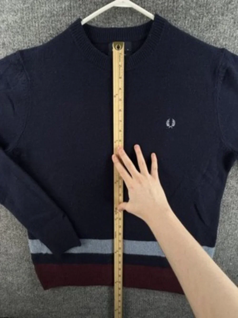 Fred Perry Pullover Logo XL Sweater Blue Red Crew Neck Wool Striped Designer